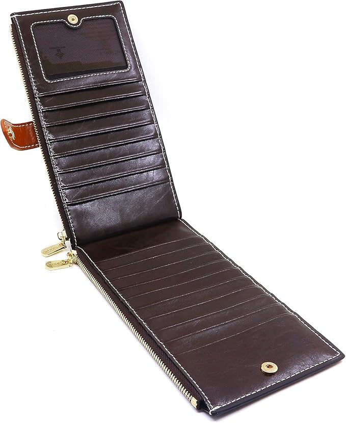 ANDOILT Women's Genuine Leather Wallet RFID Blocking Credit Card Holder Zipper Purse Cell Phone Handbag