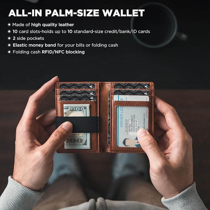 VULKIT Credit Card Holder RFID Blocking Slim Leather Front Pocket Mens Wallet Bank Card Holder Quick Access with 10 Slot and Money Band for Bills or Receipt, Palm-Size Wallet, Brown, S, Minimalist