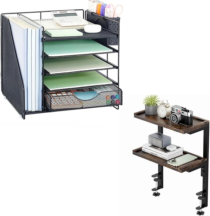 2-Tier Desk Shelf + 5-Tier Paper Letter Tray Organizer