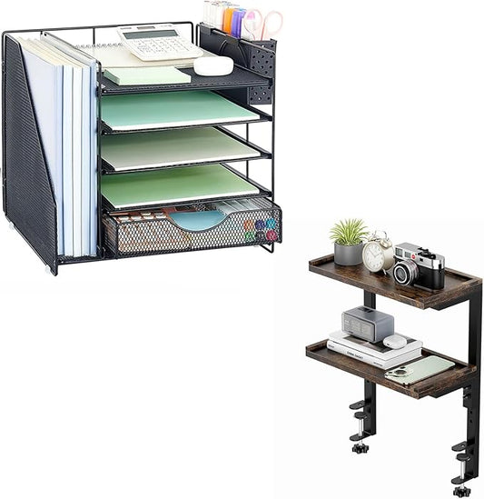 2-Tier Desk Shelf + 5-Tier Paper Letter Tray Organizer