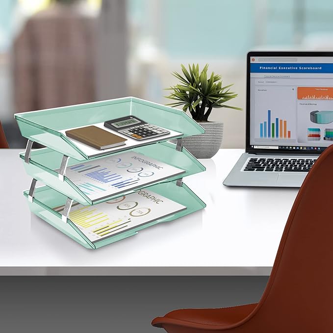 Acrimet Facility 3 Tier Letter Tray, Side Load, Letter Size/A4, Desktop File Organizer, Plastic (Clear Green Color)