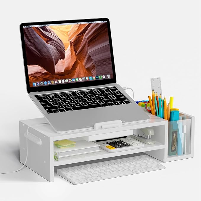 Adjustable Wood Laptop Stand, Ergonomic Height & Angle Computer Riser with Pen Holder – Compatible with MacBook Air/Pro, Dell, HP, Lenovo & 10-17.3" Notebooks – White