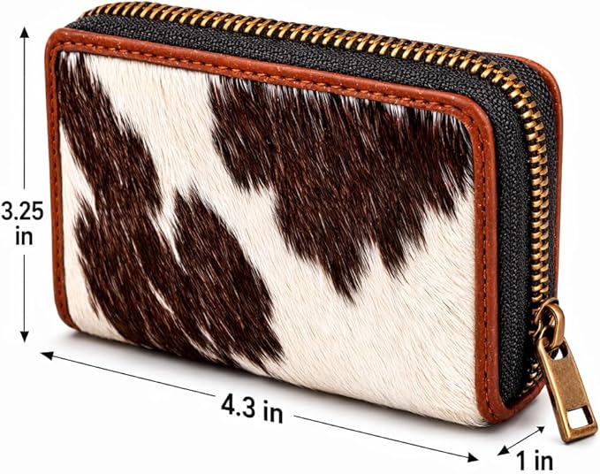 ESS Cowhide Leather Hair-On Wallet Women Small Zip Accordion Card Holder RFID Compact Organizer with Coin Pocket Secure Zipper Stylish Gift Pouch Minimal Everyday Carry