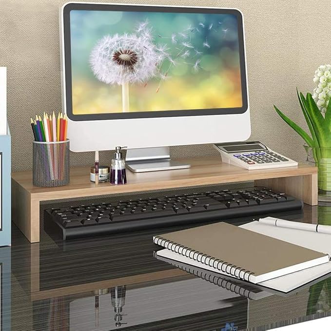 Monitor Riser 1 Layer Multi-Function Wooden Monitor Stand Tv Computer High Bracket Desktop Base Heightening Rack (Wooden Color)