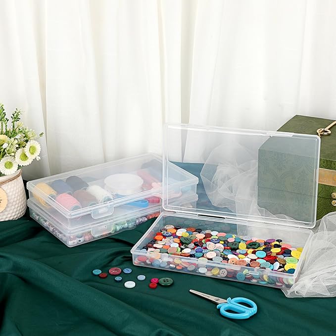 BTSKY Clear Plastic Storage Box with Flap Lid, Multipurpose Craft Organizers and Storage Box Art Supply Storage Organizer Plastic Sewing Box for Beads Pencils Sticky Notes, 4 Pack Medium Small