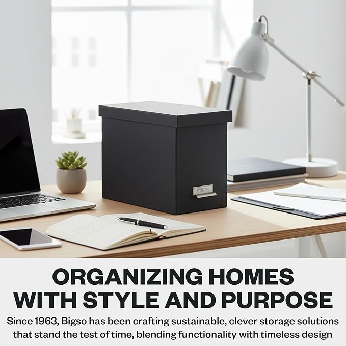 Bigso John Fiberboard Label Frame Desktop File Storage Box - Document Organizer for Important Paperwork - Durable Hanging File Box with a Lid & Metal Label Window - 7.36 x 13.38 x 10.51 in - Dark Grey