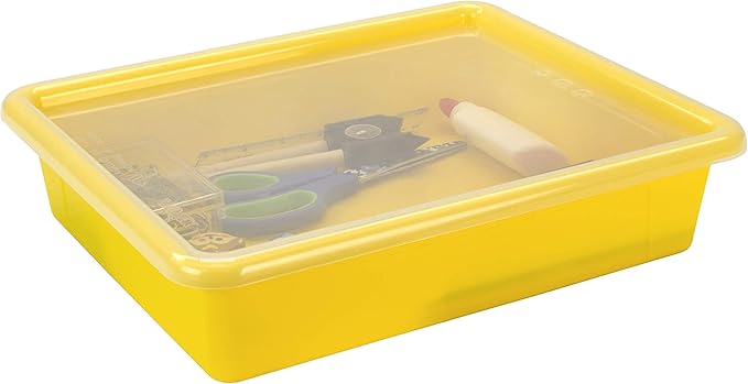 Storex Letter Size Flat Storage Tray – Organizer Bin with Non-Snap Lid for Classroom, Office and Home, Yellow, 5-Pack (62538U05C)
