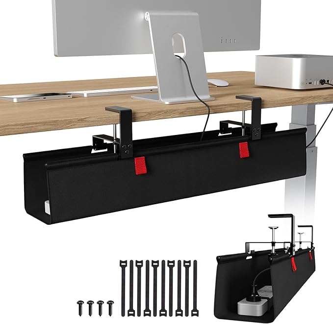 KEEGH No Drill Under Desk Cable Management Tray - 28" Cord Management Under Desk - Clamp/Screw Mount - Support Upto 70lbs - Fabric Wire Management - Gaming/PC Cable Tray Cord Hiders for Office/Home