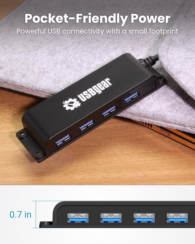 USBGear 4-Port USB 3.2 Gen 2 Data Transfer Hub - 10Gbps Ultra-Compact USB-C Hub with 3.3 ft Integrated Extension Cable and Built-in Mounting [No Charging] for Mac, PC, Mobile HDD, Flash Drives