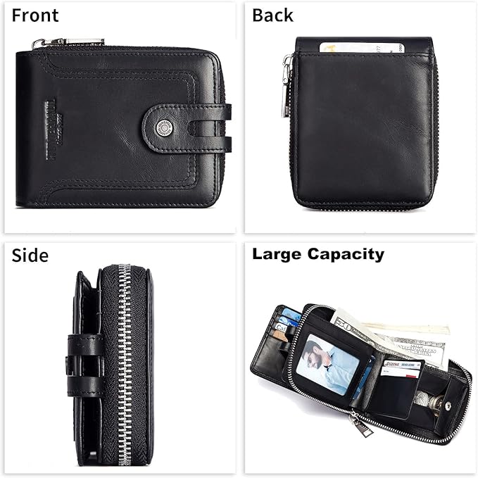 gzcz Mens Wallet with Zipper RFID Blocking Genuine Leather Bifold Purse with ID Window and Credit Card Holder (Black)