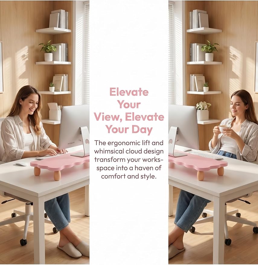 Monitor Stand Riser, Cloud-Shaped Sturdy Wood Computer Monitor Riser, Laptop Monitor Stand, Multi-Purpose Desktop Organizer Riser for Computer, Laptop, Printer, TV (Pink)
