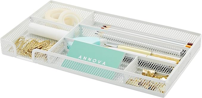 Annova Desk Drawer Organizer Tray for Office Organization - Metal Mesh - Storage Tray with Dividers for Pens, Desktop Accessories, Bathroom, Kitchen, Makeup and Office Supplies (Small, White)