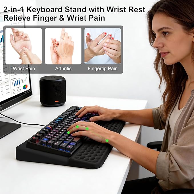 Keyboard Stand with Wrist Rest, Computer Keyboard Pad with Wrist Support, Ergonomic Keyboard Riser Holder Lift Tray, Soft Memory Foam Desk Wrist Pad for Office, Home, School - Black