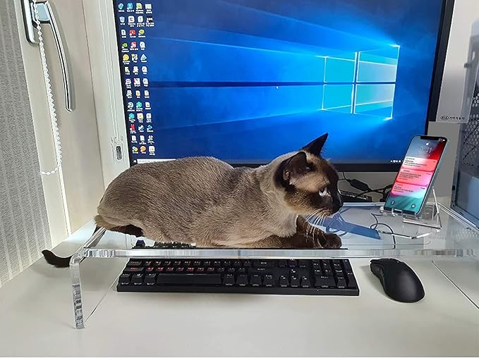 Acrylic Monitor Stand Riser Crystal Clear Monitor Riser, 21 inch large Anti Cat keyboard cover keyboard cat protector, Computer Stand Riser with Keyboard Storage and Laptop Desk Stand