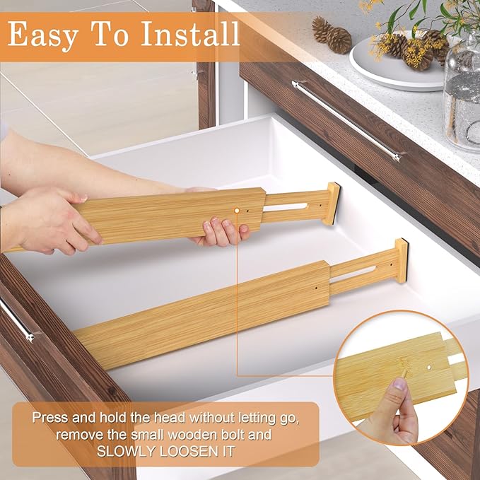 Bamboo Drawer Dividers,17-22" Adjustable Kitchen Drawer Organizer for Clothes,4 Pack Expandable Drawer Organization Separators for Bedroom,Bathroom,Dresser and Office,Natural