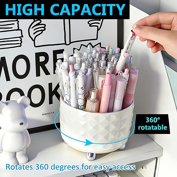 360° Rotating Pencil Holder for Desk, Makeup Brush Holder with 6 Slots, Desk Organizer for Writing Utensil, Office and School Supplies (Milky White)