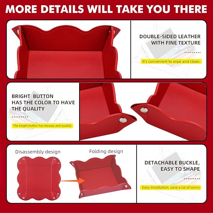 Valet Tray for Men Women - PU Leather Travel Catchall Tray Organizer - Desk Bedside Nightstand Storage Box for Jewelry Key Phone Remote Controller Wallet Watch Glasses Coin Readers -Red