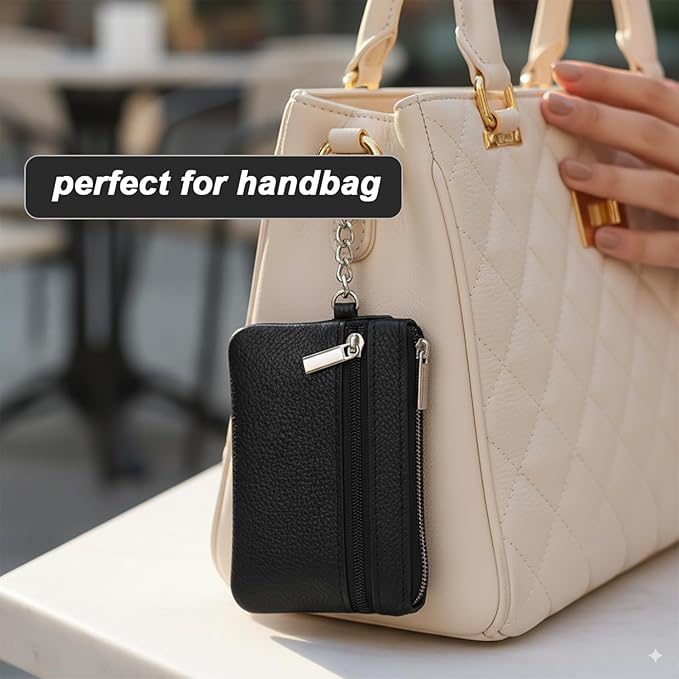 Hibate Small Leather Coin Purse Change Pouch for Women Men Kids with Zip Key Ring (Clip_Black)