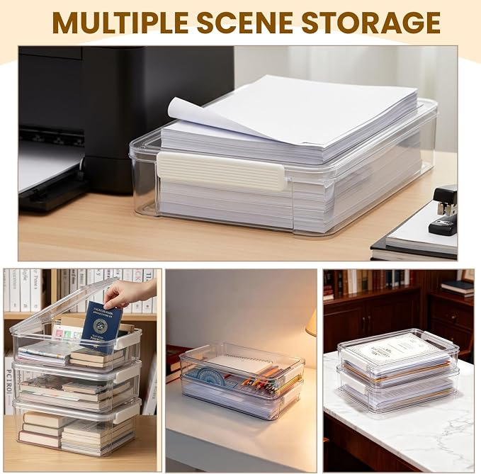 Clear Stackable Storage Box, Document Organizer with Lid, A4 Size File Container, Office Desktop Organization 13.66 * 9.21 * 2.56 Inch