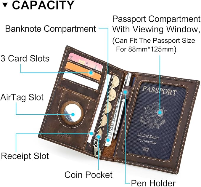 CONTACTS Full Grain Leather Passport Holder RFID Blocking Travel Passport Wallet Compatible with Airtag Passport Cover Case with 4 Card Slots, Coin Pocket with Badge