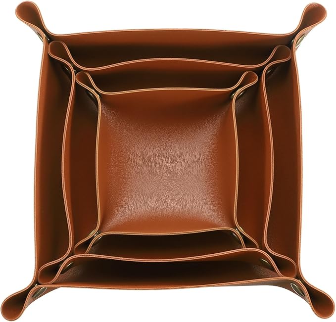 uxcell 3 Pack PU Leather Tray, Jewelry Tray for Women and Men, Glossy Leather Desk Organizer Portable Catchall Tray for Jewelry Key Coin Watch Wallet, Brown
