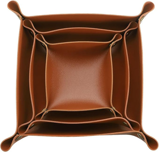 uxcell 3 Pack PU Leather Tray, Jewelry Tray for Women and Men, Glossy Leather Desk Organizer Portable Catchall Tray for Jewelry Key Coin Watch Wallet, Brown