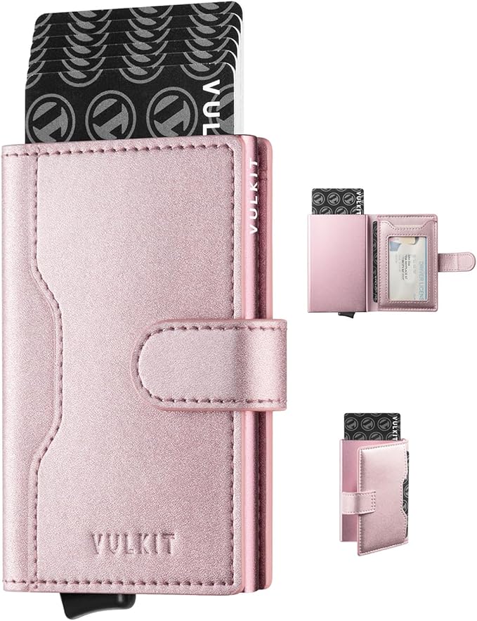 VULKIT Slim Bifold Pop up Wallet Minimalist Leather Card Holder RFID Blocking Metal Card Case with ID Window for Women | with Leather Slots, RFID Blocking, Slim, Metal Card Case
