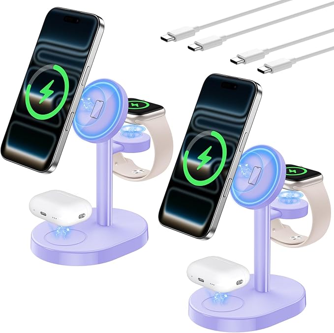 Hevanto 2026 3 in 1 Wireless Charging Station for Apple MagSafe Charger, 15W Fast Magnetic Mag-Safe Charger Stand for iPhone 17 16 15 14 13 12 Watch AirPods, 2 Pack(Adaptor Not Included)