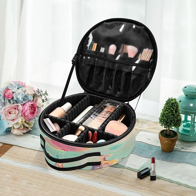 senya Round Cosmetic Pouch Travel Makeup Train Case Elephant Giraffe Makeup Organizer Bag with Adjustable Dividers Portable for Cosmetics Makeup Brushes Toiletry Jewelry Accessories