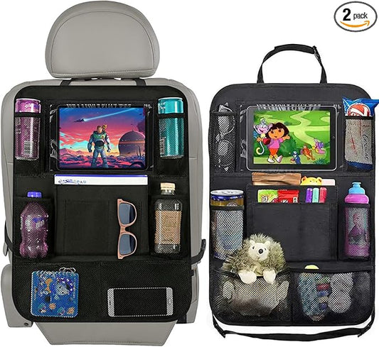 2 Pack Car Seat Organiser, Car Tidy Organiser Back Seat, Water Proof Oxford BackSeat Protector with 10" Ipad Tablet Holder, 9 Pockets for Books, Bottles, Black