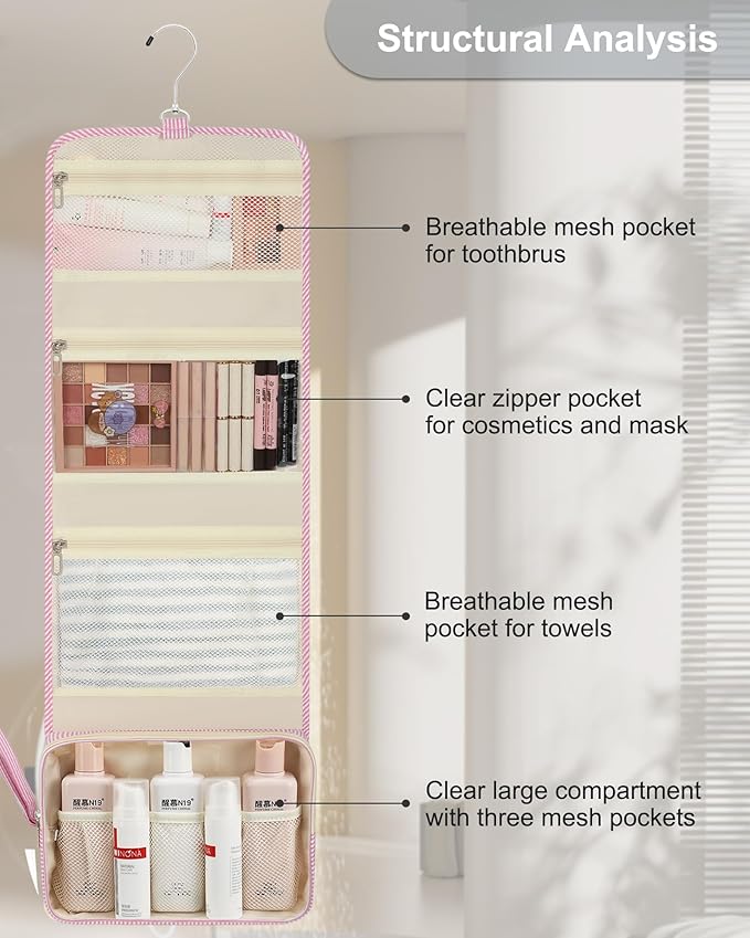 Relavel Hanging Toiletry Bag for Women, Large Makeup Travel Bag with Separate Compartment, Water Resistant Toiletries Bag for Travel Accessories, Portable Bathroom Bag for Trip Camping- Pink Strip