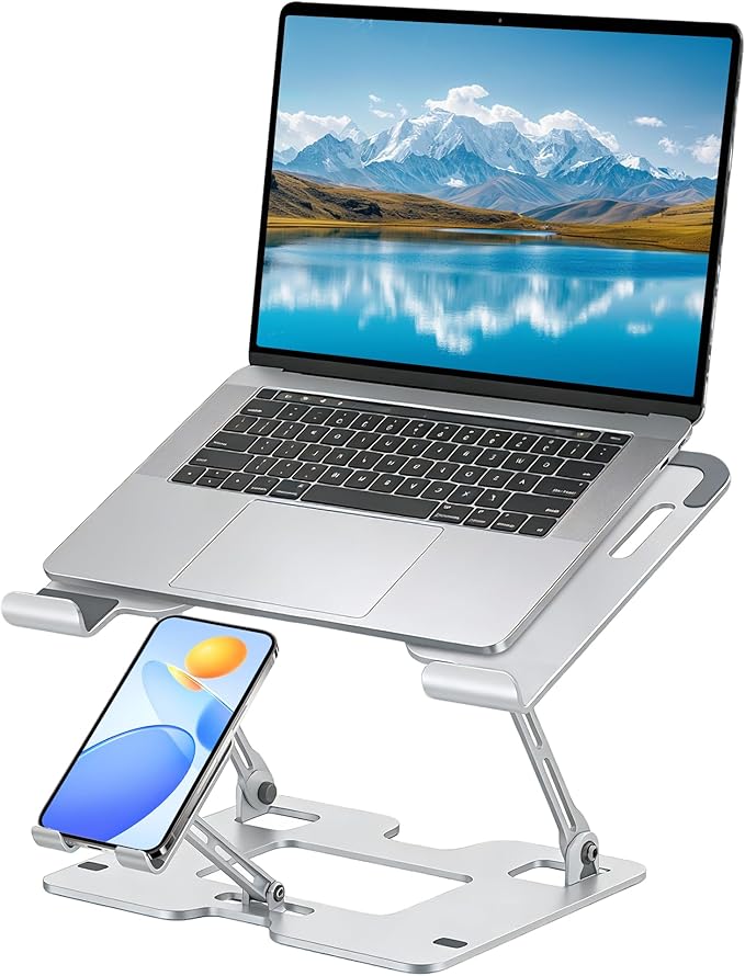 Ergonomic 2-in-1 Laptop Stand for Desk with Phone Holder, Adjustable Laptop Riser, Computer Stand for Laptop, Sturdy and Portable Stand, Compatible with Most Laptops and Phones (White)
