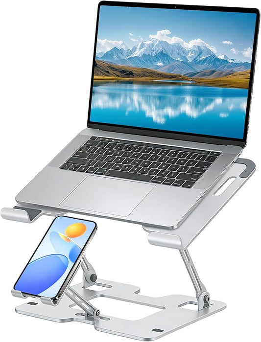 Ergonomic 2-in-1 Laptop Stand for Desk with Phone Holder, Adjustable Laptop Riser, Computer Stand for Laptop, Sturdy and Portable Stand, Compatible with Most Laptops and Phones (White)