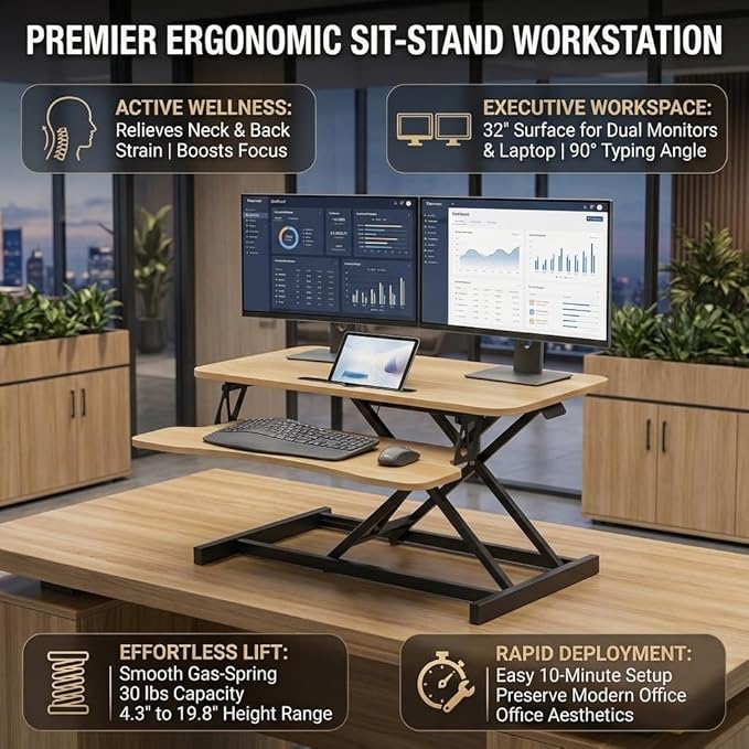 Standing Desk Converter 32" - Sit to Stand Desk Converter for Dual Monitors - Height Adjustable Desk Riser for Standing - Home Office & Corporate Use - Relieve Back Pain (Natural)