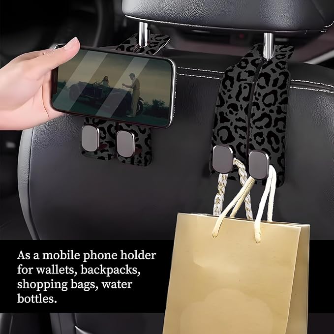 Car Seat Headrest Hook, Universal Leather Cute Hanger Holder Hook, Storage Organizer Interior Accessories for Purse Bags Handbag Luxury Black Leopard
