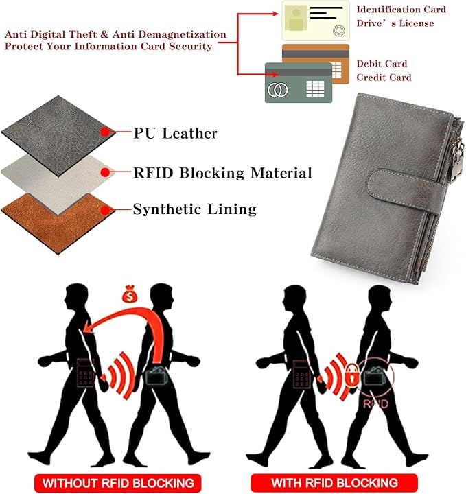 GOIACII Womens Wallets RFID Blocking Leather Trifold Clutch Wallet Credit Card Holder Ladies Purse 3 ID Windows Grey