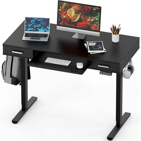 SHW 48-Inch Electric Height Adjustable Desk with Keyboard Tray and 2 Drawers, Black