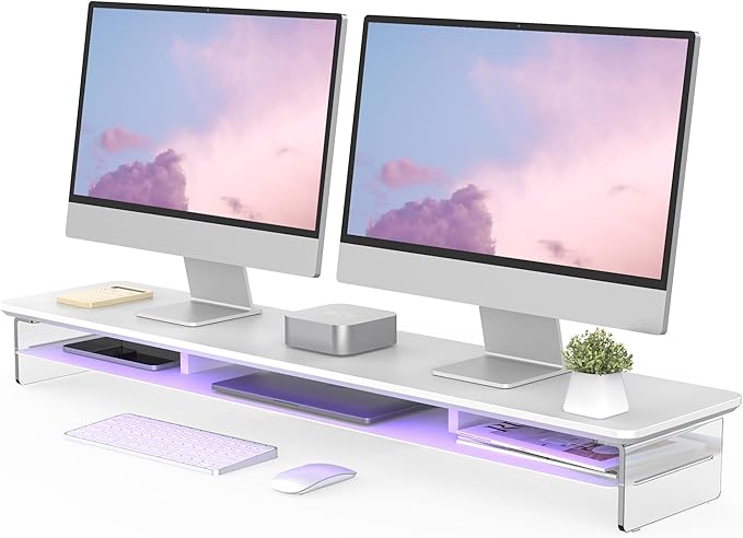 Fenge Acrylic Monitor Stand, 42.5 Inch Clear Dual Monitor Riser with Metal Storage, 2 Tier Computer Riser with LED Lights for Desk, Laptop, Printer, TV