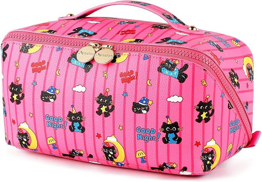 Aveniee Travel Makeup Bag for Women, Large Cosmetic Organizer with Open-Flat Design, Clear Divider & Handle - Waterproof PU Leather Toiletry Case (Moon Cat Pattern)