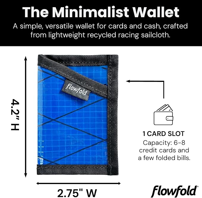 Flowfold Recycled Sailcloth Minimalist Card Holder Wallet | Slim and Durable with Cash pocket and Credit Card Slot | Minimalist Wallet Made in USA Holds 6-8 Cards