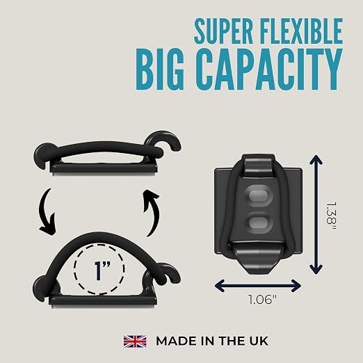 [Made in the UK] 10-Pack Adjustable Elastic Adhesive Cable Clips, Wire Management Holder, Cord Organizer for Home Office, Under Desk, Behind TV, Phone Charger, Laptop, PC, HDMI, USB (Black)