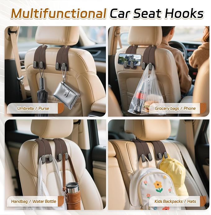Car Seat Headrest Hooks - 4 Pack Universal Car Purse Hook, Leather Car Bag Purse Holder with Double Metal Hooks for Handbags, Grocery Bags, Bottles, Phones, Brown