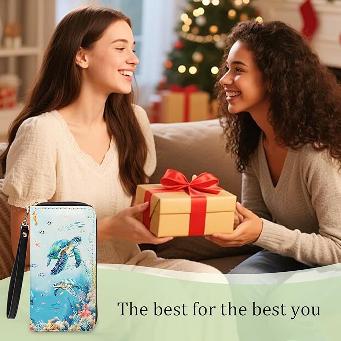 Sea Turtle Wallets for Women - Slim PU Leather Womens Wallet with Cash Zipper Coin Purse, Small Credit Card Holder Travel Wallet, Wristlet Wallets for Ladies Teen Girls Purse (Ocean Lovers Gift)