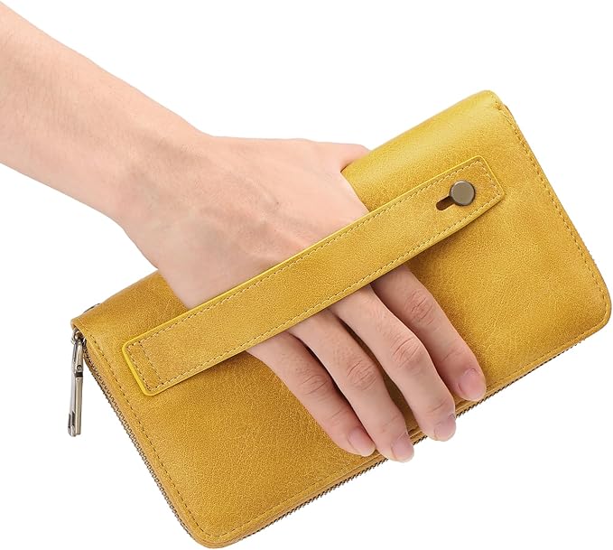 GAEKEAO Wallet for Women Clutch RFID Blocking Wristlet Leather Purse Large Capacity Credit Card Holder with Grip Hand Strap