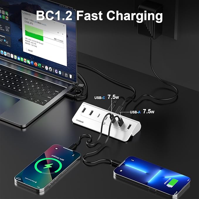 FIDECO Powered USB Hub, 7 Port 10Gbps Fast Data Hub for iPhone 16/15 and Laptop, Full Aluminum USB Splitter with 5V 3A Power Adapter, 4 USB A and 3 USB C Ports, Support BC1.2 Charging (Silver)