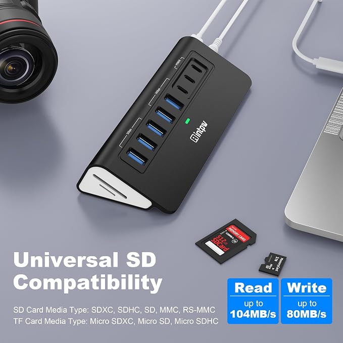Powered USB Hub 10Gbps, Intpw YH6AC Plus 10 Port USB 3.2 Hub(USB A/USB C 3.2+3 USB-A 3.0+2 PD 45W Fast Charging Port+SD/TF Card Reader), 65W Power Adapter,Aluminum USB HUB for PC,Laptop,iPhone 17/16