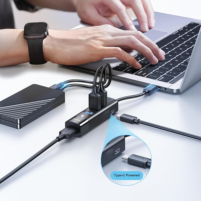 Long USB C Hub 4-Port, USB 3.0 Splitter with 3ft Extended Cable, Type-C Power Delivery Pass-Through Port, Portable Data Hub for Laptop, Desktop, MacBook, Surface,Windows(USB-C/3Ft)