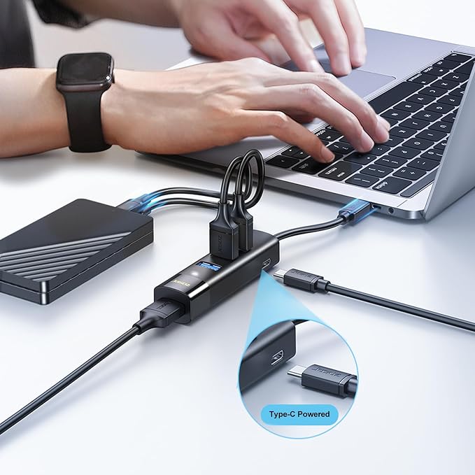USB C Hub 4-Port, 4-in-1 Ultra Slim Type C Splitter with 1ft Extended Cable, 3 USB 3.0 Ports & USB-C Power Delivery Port for Laptop, Desktop, MacBook, Windows, Linux, PC(USB-C/1Ft)