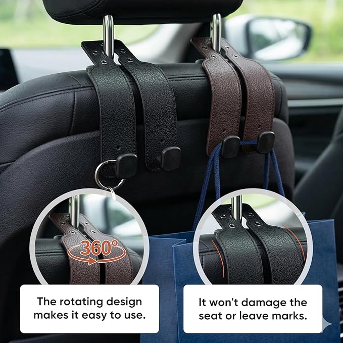 3Pcs Headrest Hooks for Car, Car Purse Hook, Double Leather Car Seat Back Storage Hook for Handbags Purses Bags (3 Color)