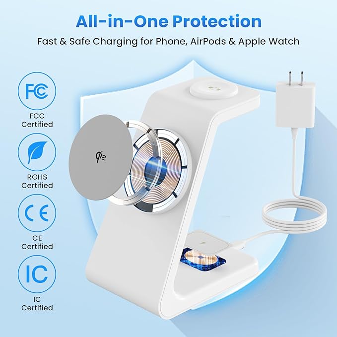 Magnetic Wireless Charging Station for iPhone: 3 in 1 Qi2 Certified 15W Fast Charging for iPhone 17-12, Apple Watch & AirPods, N52 Magnets & 30W Adapter Included (Office/Bedside/Desk)